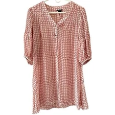 Club Monaco 100% Silk Tunic Blouse Top Sheer 3/4 Sleeve Red Cream Circles 8