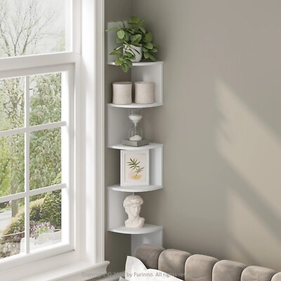 5-Tier Floating Corner Shelf, Wall Mount Shelves for Storage and Display, White