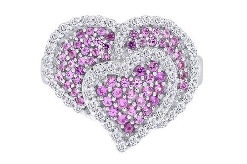 Double Heart Cluster Ring Pink Sapphire & 925 Sterling For Womens