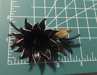 VTG 1960s Marked CORO 3” Stately METAL ENAMEL BLACK FLOWER BROOCH