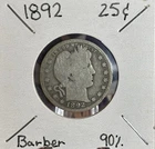 1892 P SILVER BARBER QUARTER