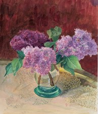 Camillo Brockelmann, Purple Lilac in Glass Vase, Circa 1920, Watercolour, Art Deco