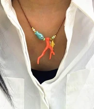Ocean Style Fish Design Imitation Coral Pendant Necklace With Braided Rope For W