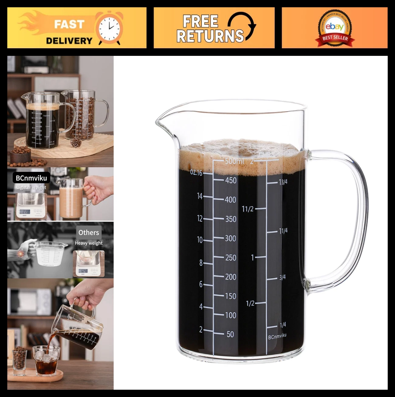 500ML Glass Measuring Cup with Handle - High Borosilicate, 3 Scales (OZ, Cup, ML