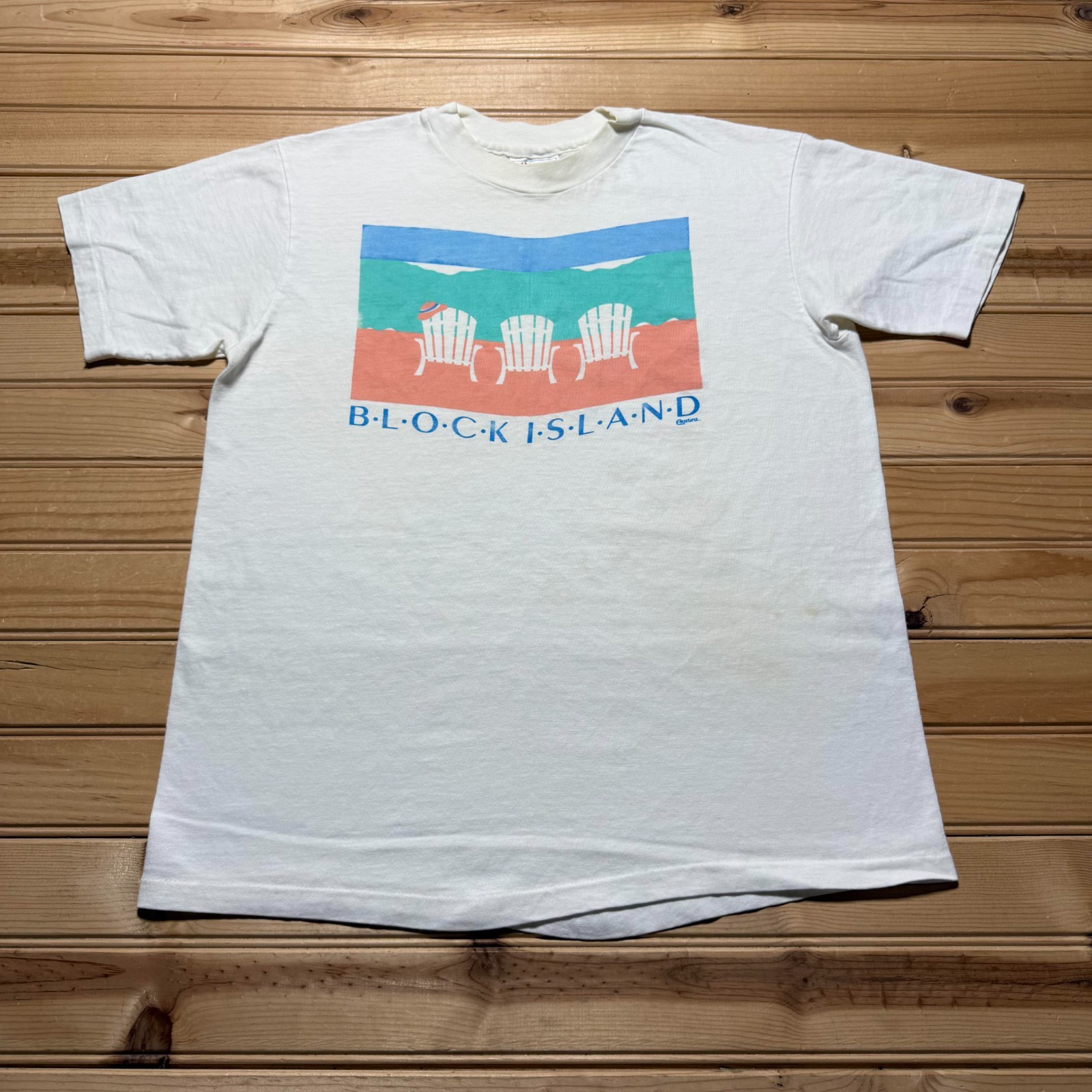 Vintage 90s Block Island Beach Chairs Summer Vacation Graphic T-Shirt USA Medium