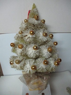 Vintage 24''T MCM Wall Hanging Christmas Gold Brush Tree w Gold Ornaments