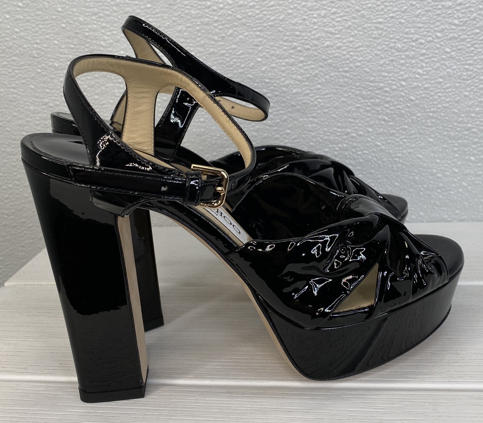 Jimmy Choo Heloise 120 Platform Sandals Women's Size 7.5 Black Patent Leather