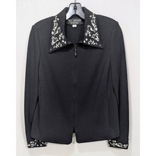 St John Collection Black Santana Knit Embroidered Zip Jacket Size 12 Marie Gray