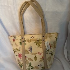 Longaberger Homestead Botanical Floral Butterfly Canvas Tote Bag Cream Tan NEW