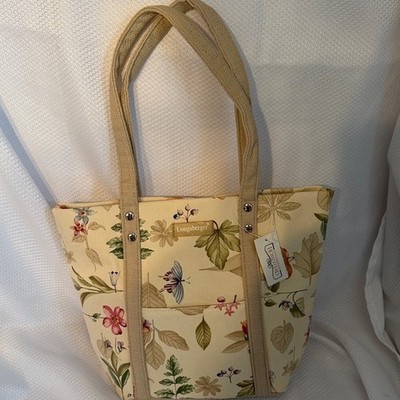 Longaberger Homestead Botanical Floral Butterfly Canvas Tote Bag Cream Tan NEW
