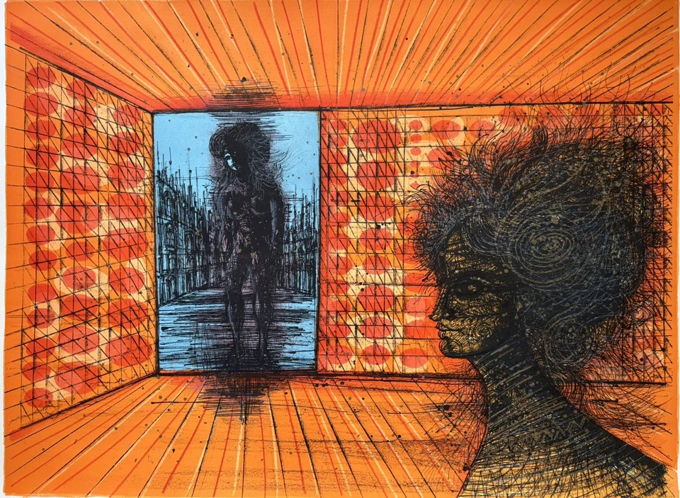 Féminité dans un décor orange 70’s - Jean Carzou Lithographie signée numérotée - Photo 4/4