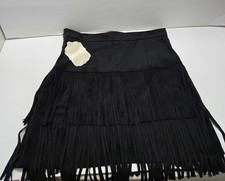 New w/Tag Altar  d State Sz M Black Faux Suede Tiered Fringed Hi/Lo Mini Skirt