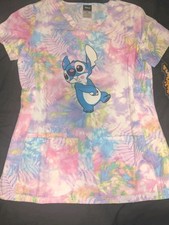 NWT Women's Disney Tye Dye Stitch V-Neck Hospital Scrub Medical Top Sz XS