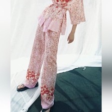 Zara Women Wide Leg Linen Blend Elastic Waist Trouser Pants Pink/White Sz XS