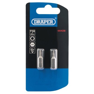 Draper T10 Tor Star Screwdriver Bit 1/4'' Hex 25Mm Lang (Packung Mit 2)