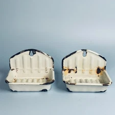ANTIQUE FRENCH ENAMEL SOAP DISH HOLDERS X2 MATCHING BATHROOM WALL ENAMELWARE