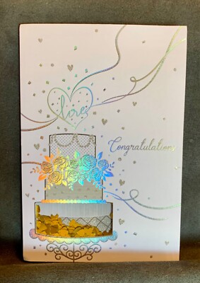 Congratulations Wedding Marriage Shaker Greeting Card Iridescent Shimmer Cake
