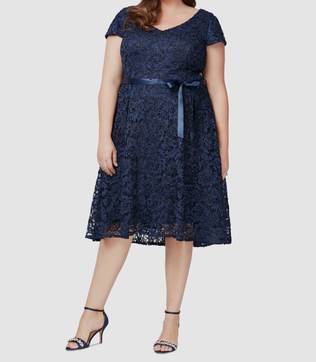Blue Short Sleeve Navy Midi Dress Plus Size SL Fashions Plus Size Sequined  Lace Dress Navy