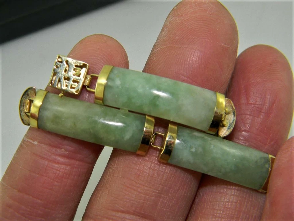 Pulsera vintage de oro amarillo de 14K de 7" con eslabones de jadeíta Birmania verde claro natural Foto 2 de 4