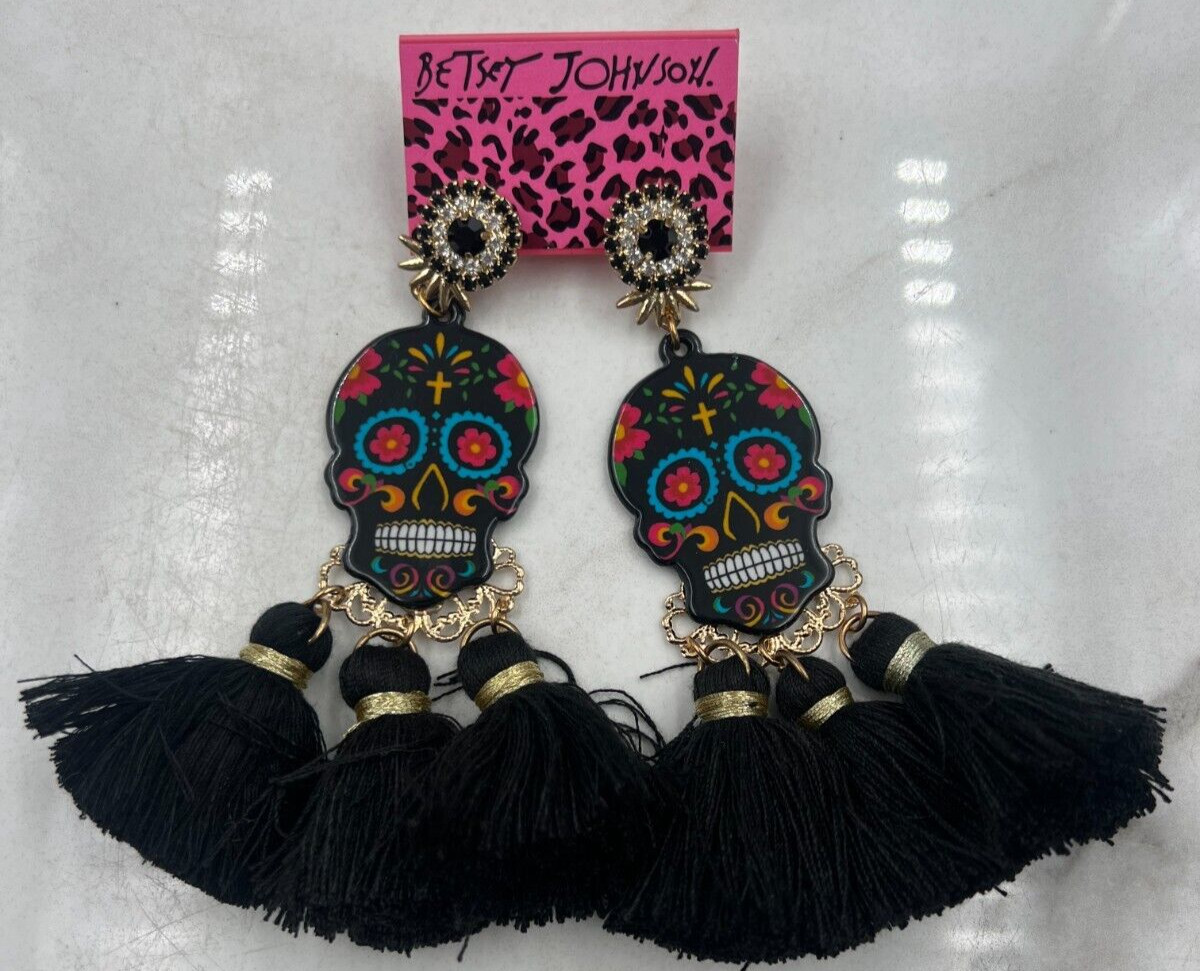 Pendientes Betsey Johnson Mujer Día de Muertos Calavera Caramelo Borla Negra