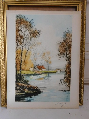 Huon Etching Signed in Pencil "Landscape House Near a Bridge" Framed Under Glass