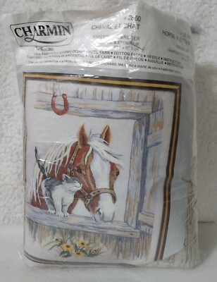 Rare Vintage Charmin / Janlynn 16'' x 20'' Horse & Kitten Crewel Kit