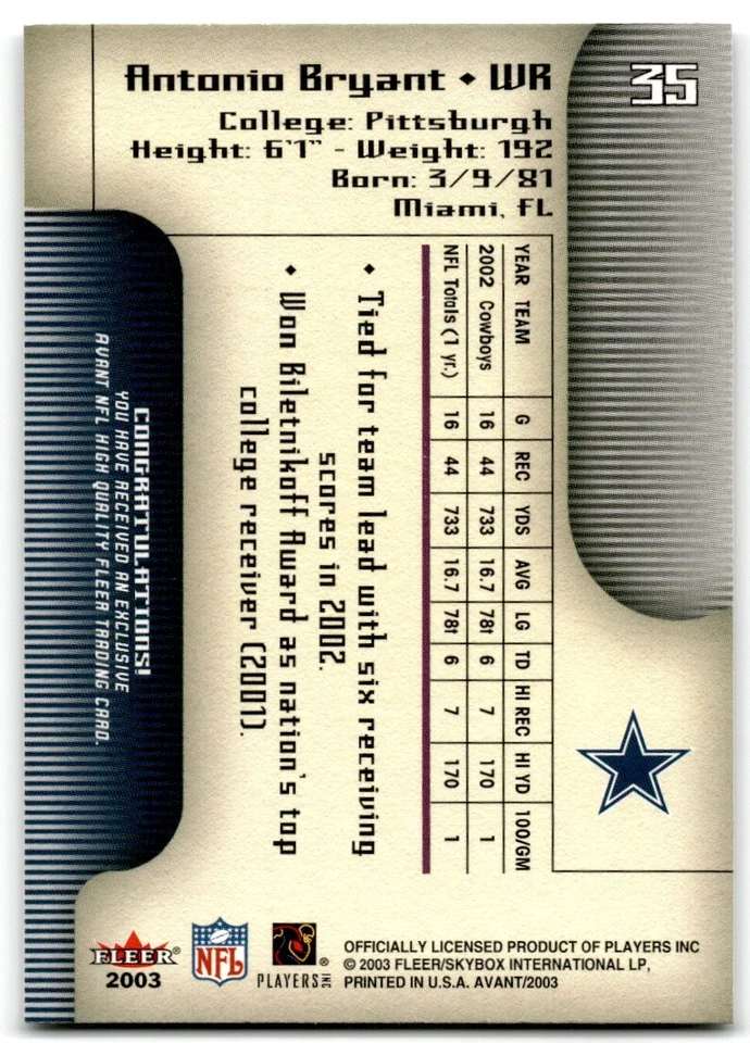 2003 Fleer Avant Antonio Bryant Dallas Cowboys #35 - Image 2 of 2