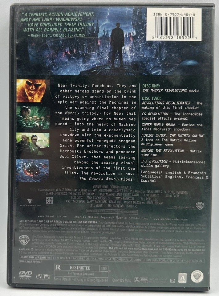 Matrix Revolutions DVD 2 Disc Full-Screen Edition Keanu Reeves Hugo Waving 2004 Foto 2 de 3