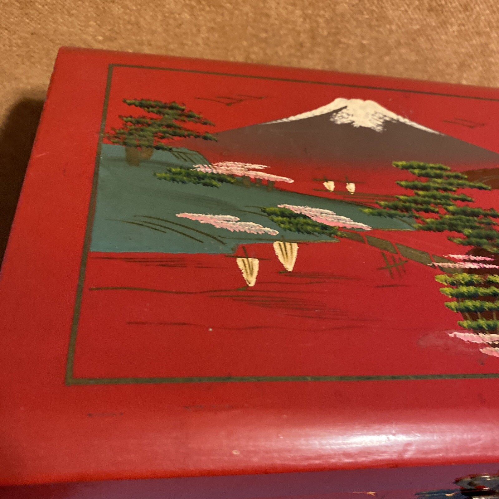 Vintage Post Occupied Hand Painted Antique Japan MCM Red Lacquer