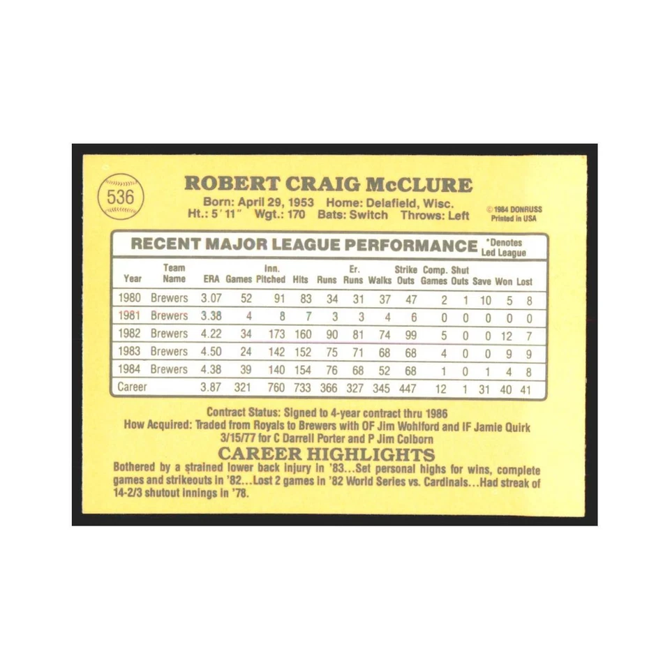 1985 Donruss Bob McClure Brewers #536 - Image 2 of 3