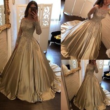 Satin Ball Wedding Dresses Applique Scoop Neck Long Sleeves Bridal Gowns Custom