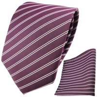 Tigertie Krawatte + Einstecktuch Pflaume Violett Silberweiß Schwarz Gestreift