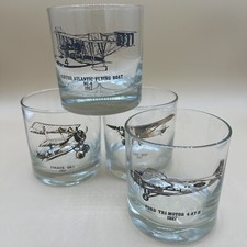 Set 4 Vintage Airplane Aircraft Bar Glasses Black Gold Whiskey Bourbon Lowball