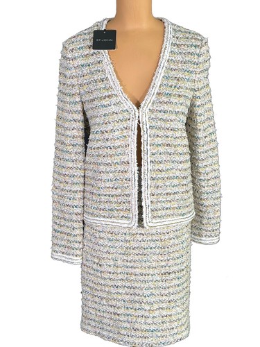 Costume Tailleur St. John - Veste Et Jupe En Maille Métallique Or - Taille 12 - Neuf Avec étiquettes