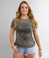 Women's Affliction Rosselini Olive Oil Stain Wash Tee T-Shirt w/Stones XS-XL