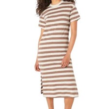 Old Navy T-Shirt Dress Striped Casual Midi Short Sleeve White Brown White XS