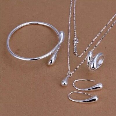 925 Sterling Silver drop Pendant Chain Necklace Stud Earrings Womens Jewellery