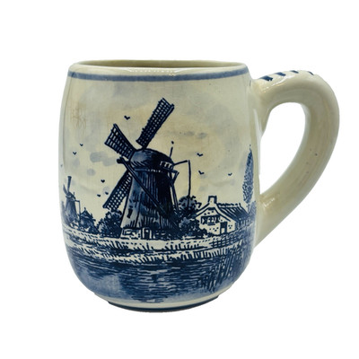 Vintage Delft Blue Crown Hand Painted Holland Windmill Flowers 12oz Mug Cup READ