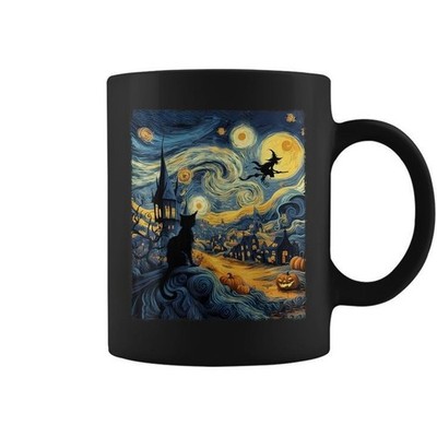 Cat Halloween Van Gogh Starry Night Pumpkin Women Coffee Mug