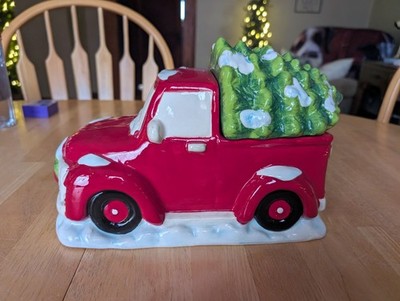 Ceramic Hand Painted Holiday Time Red Truck Christmas Tree Cookie Jar Canister