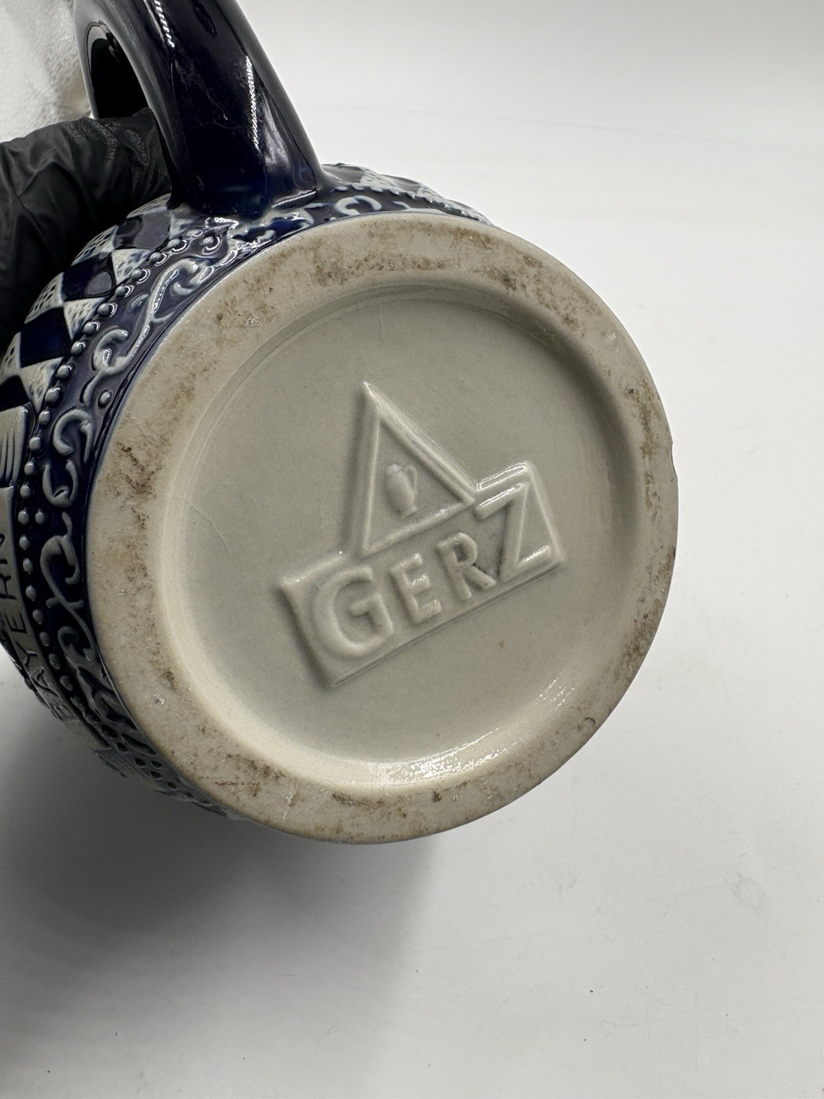 Vintage Gerz Beer Stein, Pewter Lid, Mug Blue Grey Soccer