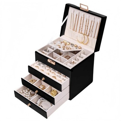 Leather Jewelry Box with Lock for Women, 4-Tier 3-Drawer Large Capacity Organ...