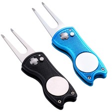 Fpxnb 2 Pack Metal Foldable Golf Divot Tool with Pop-up Button  black  blue