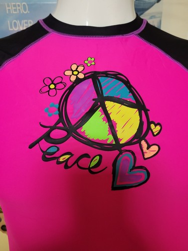 Ocean Pacific OP Girls Pink Peace Sign Rash Guard Swim Shirt Youth XL 14-16 NICE - Picture 3 of 5