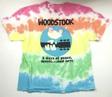 Woodstock Tie Dye T-Shirt 3 Day Peace Music Love Guitar Bird Logo Liquid Blue XL
