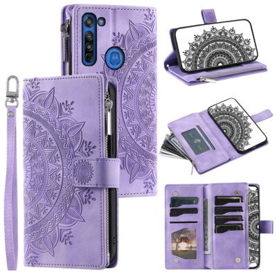 For Moto G8 Case Datura Leather Zipper Card Slots Flip Wallet Pocket Cover
