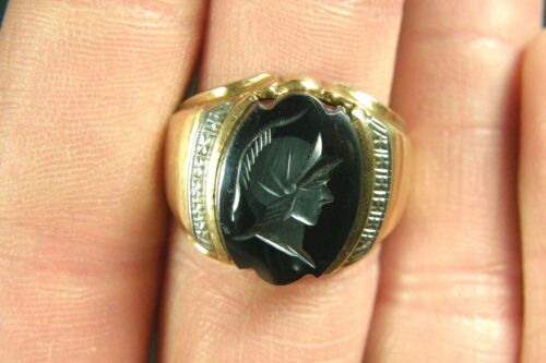 10K Yellow Gold Men's Intaglio Hematite Roman Soldier Ring w/ Diamond Accents  - Picture 1 of 6