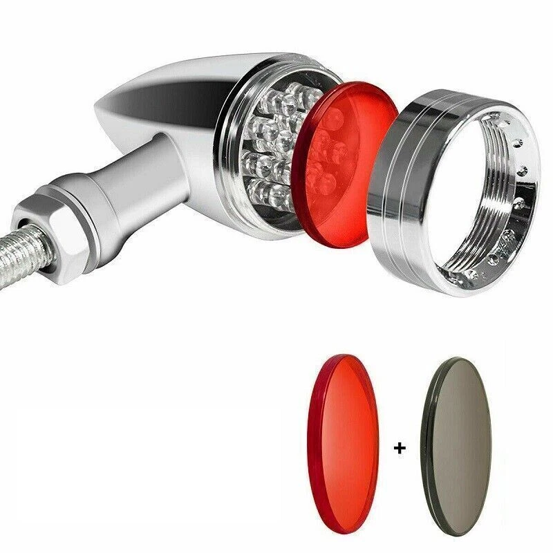 Luz trasera intermitente de freno rojo bala LED cromada para motocicleta Harley Foto 4 de 4