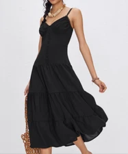 Cider Woven V-neck Solid Ruffle Hem Midi Dress Romantic Ruffle Hem Size L NWT