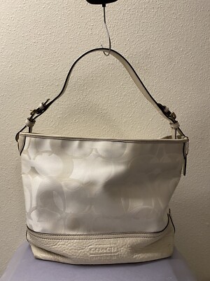 Coach Signature Optic Large Style NoA063-7656 White/ Beige Satin & Leather Tote